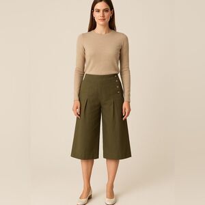 Anthropologie Elevenses Wide-Leg Culotte Pants Sz 10 Army Moss Green Silk–Cotton